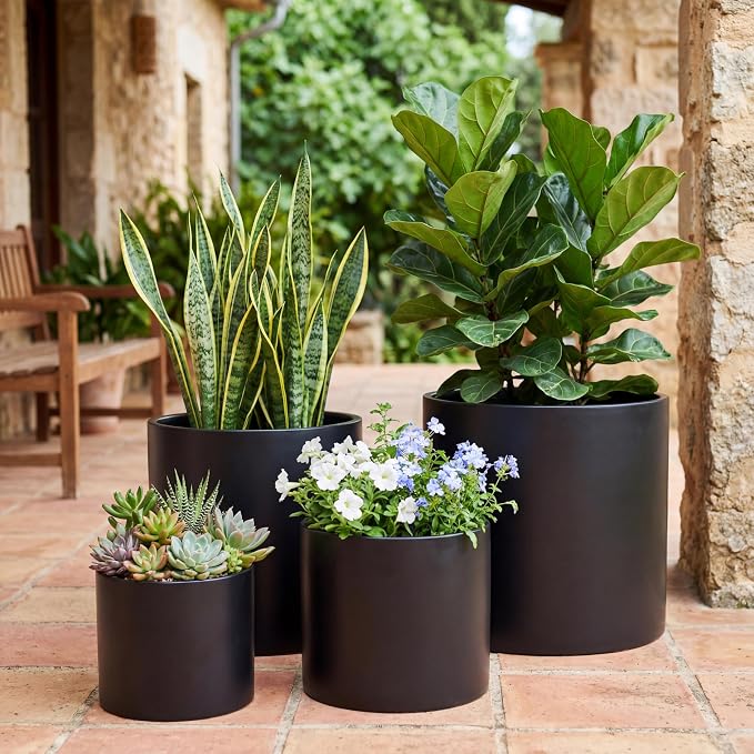 FaithLand 14 Inch Fiberstone Planter - Lightweight Modern Cylinder Plant Pot with Drainage Hole & Plug, Indoor Outdoor Use, Matte Black