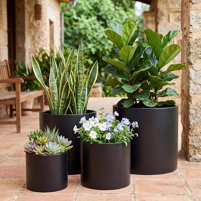 FaithLand 10 Inch Fiberstone Planter - Lightweight Modern Cylinder Plant Pot with Drainage Hole & Plug, Indoor Outdoor Use, Matte Black