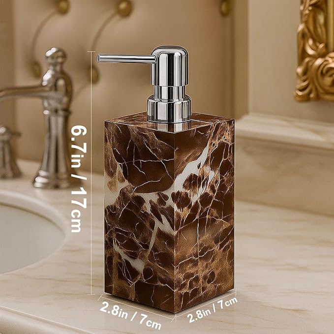 Real Natural Marble Soap Dispenser with Stainless Steel Pump Decorative Liquid Hand Soap Bottle for Kitchen Bathroom, Compatible with Lotion, Dish Soap Shower Gel (Coffee 1 Set)