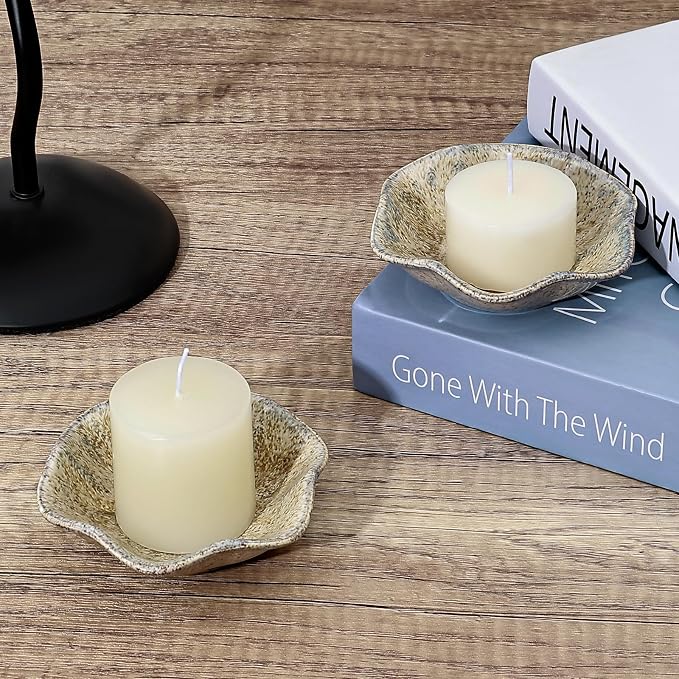 Koythin 2-Piece Ceramic Candle Holder, Aesthetics Candlestick Holders for Tea Lights, Lotus Leaf Shape Candle Stand for Mantle Table, Adorable Vintage Decor for Weddings Dining (Khaki)