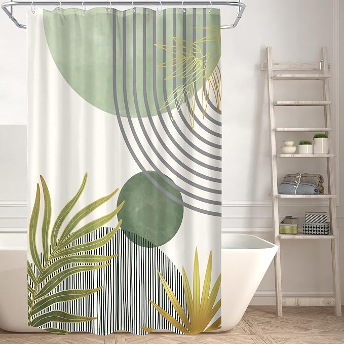 KOMLLEX Mid Century Mint Green Boho Shower Curtain for Bathroom Decor 48Wx72H Inches Abstract Modern Botanical Minimalist Arch Plant Chic Neutral Fabric Waterproof Polyester 8 Pack Hooks Pack Hooks