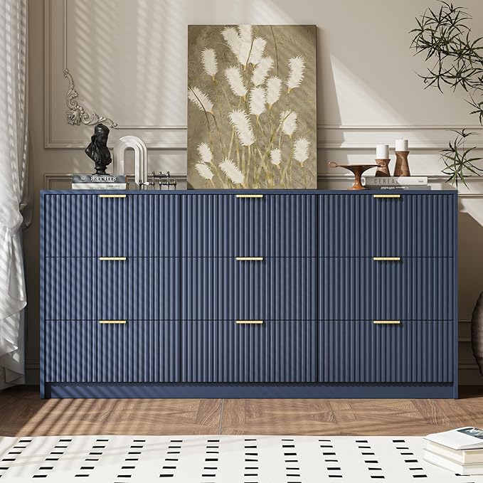 3-Piece Dresser Bedroom Set, 9 Drawer Dresser & 3 Drawer Nightstands with Gold Handles, Fluted Wood Chest of Drawers for Bedroom, Living Room, Entryway, Navy Blue