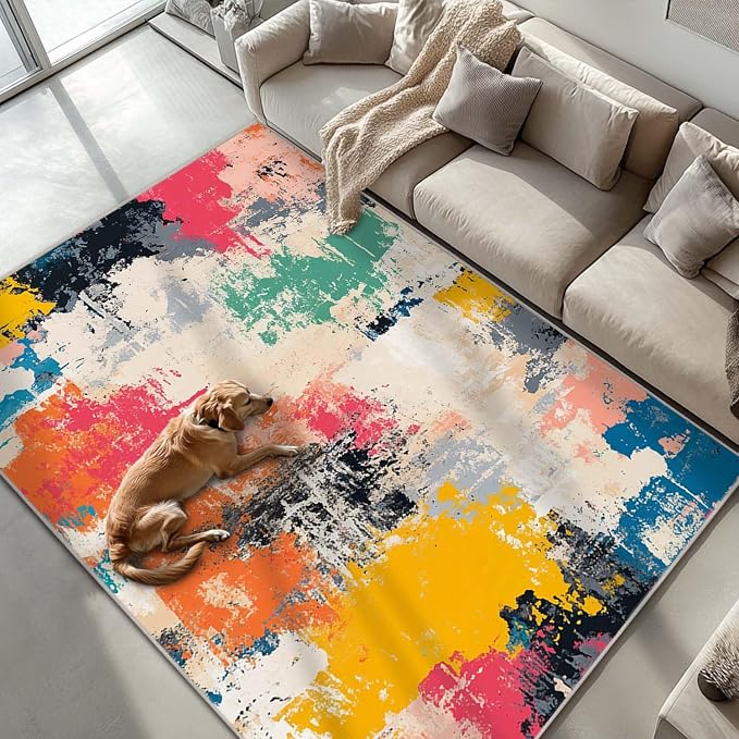 6x9 Colorful Area Rug Modern Abstract Beige Orange Yellow Pink Blue Black White Grey Rug Bedroom Low Pile Thin Large Carpet Living Room Non Slip Dining Room Stain Resistant Office Washable Machine