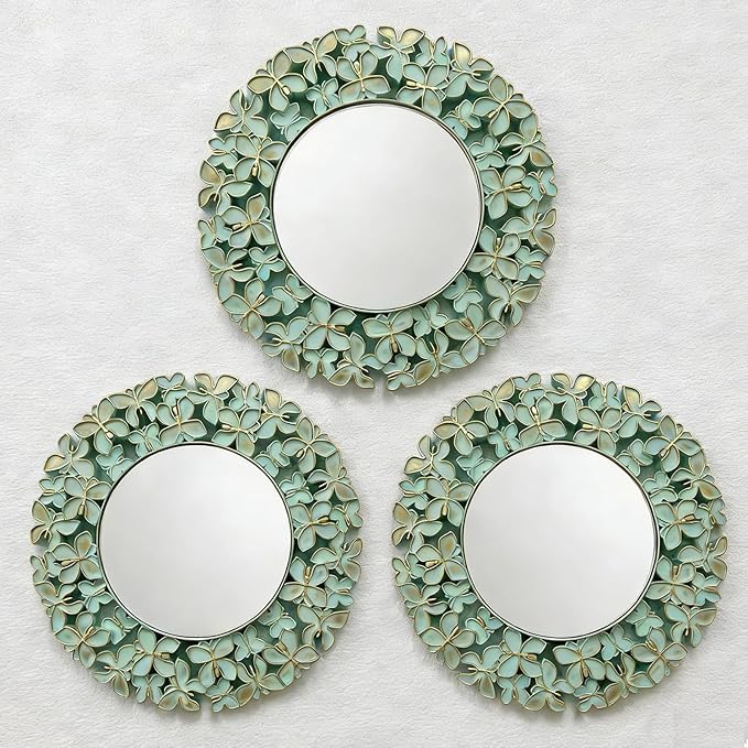 DXYAKY 3 Pack Floral Ornate Decorative Wall Mirror - Elegant Mint Green with Gold Accents, 9.8" Plastic Round Mirror Set, Lightweight Wall Art Décor for Bedroom, Bathroom, Living Room & Entryway