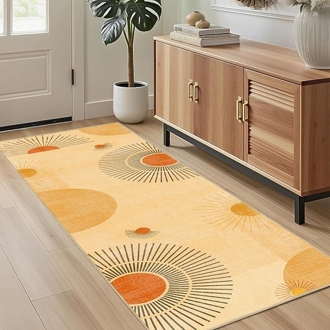 Sun Runner Rug 2x6 for Hallway Kitchen Bedroom,Mid Century Modern Runner Rugs Washable Boho Geometric Rug Non-Slip Printed Low Pile Long Floor Carpet Mat for Bedroom Laundry,Yellow