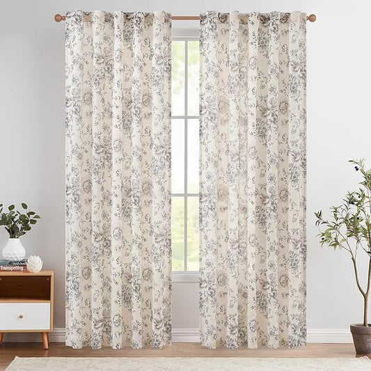 jinchan Linen Blend Curtain Floral Curtains for Living Room 90 Inch Length Black Printed Curtain Rod Pocket Back Tab Farmhouse Peony Flower Patterned Drapes Bedroom Window Curtains Set 2 Panels