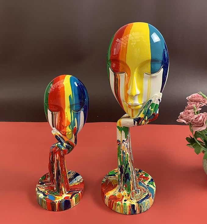 suruim Simple Creative Colorful Female Face Art Statue Thinker Sculpture Abstract Character Crafts Ornament Home Office Bedroom Living Room Study Decoration (Small 11.8x4.3x4.3in)