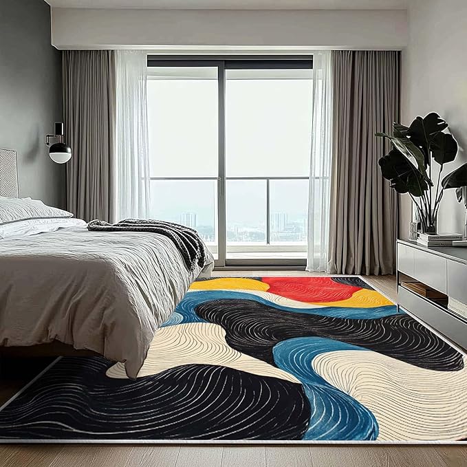 8x10 Colorful Area Rug Modern Abstract Black White Blue Beige Red Yellow Bedroom Rug Soft Low Pile Thin Large Carpet Living Room Non Slip Dining Room Stain Resistant Office Washable Machine