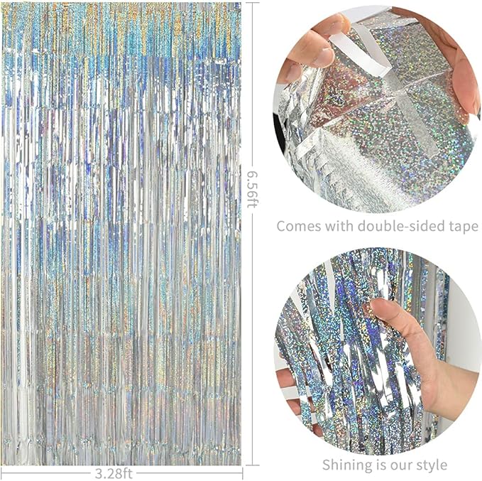 TONIFUL 3Pcs Laser Silver Door Streamers,Laser Silver Photo Booth Backdrop Metallic Streamers Foil Fringe Curtains for Birthday,Christmas,New Year,Bachelorette,Grad Party(9.9ft x 6.6ft)