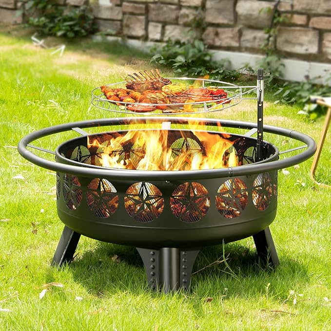 Verdeluxe 38” Wood Burning Fire Pits for Outside,3-in-1 Fire Pit with Grill, Spark Screen & Fire Poker,Outdoor Firepit Table with Swivel Cooking Grate for Yard BBQ Bonfire Patio Camping (38 inch)