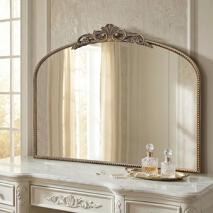Micasso Large Vintage Gold Mirror: 40"x29" French Baroque Antique Arched Mirror - Traditional Ornate Decorative for Wall/Fireplace/Mantel/Entryway/Bathroom/Hallway - Home Decor for Living Room