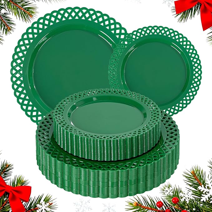COLOSUS 60Pcs Green Christmas Plastic Plates, Fancy Green Scallop Plates, Heavy Duty Lace Hollowed Out Plate include 30 Dinner plate 10” and 30 Salad/Dessert plate 7.5”for Christmas