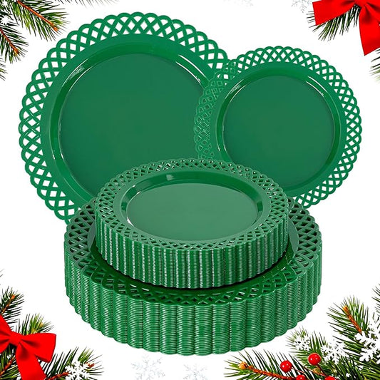 COLOSUS 60Pcs Green Christmas Plastic Plates, Fancy Green Scallop Plates, Heavy Duty Lace Hollowed Out Plate include 30 Dinner plate 10” and 30 Salad/Dessert plate 7.5”for Christmas