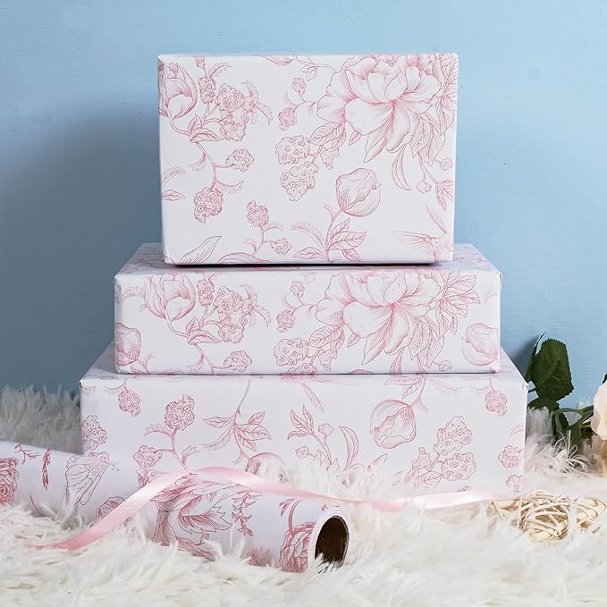 RayofSun Pink Floral Wrapping Paper Roll 17 in x 16.5 ft Mini Roll Vintage Toile Flower Gift Wrap Paper for All Occasion Wedding Birthday Bridal Shower Party Baby Shower Christmas