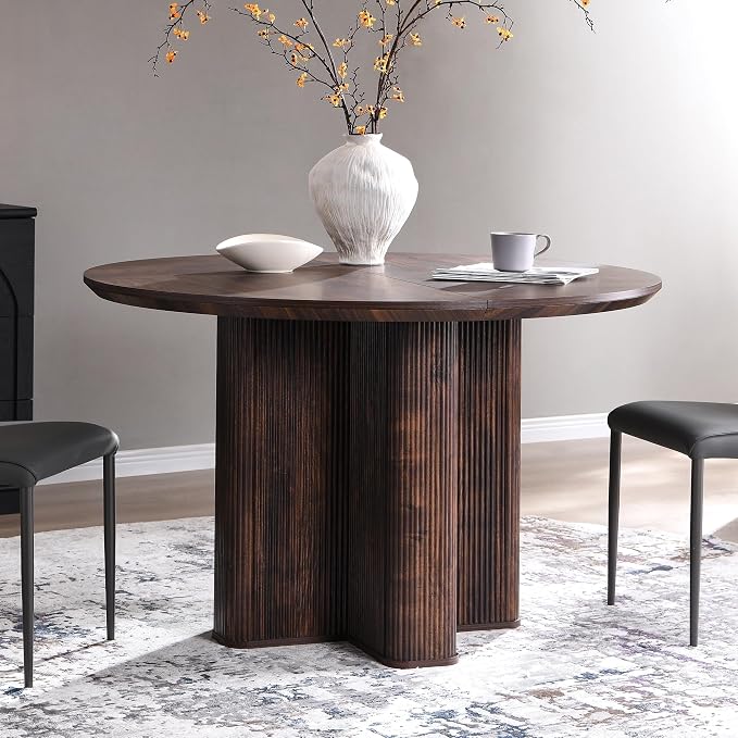 T4TREAM 47" Fluted Round Dining Table for Kitchen Living Room, Dark Walnut | Mid Century Modern Kitchen Table,Seats 4-6,Thickened Edge and Sturdy Reeded Pedestal Base