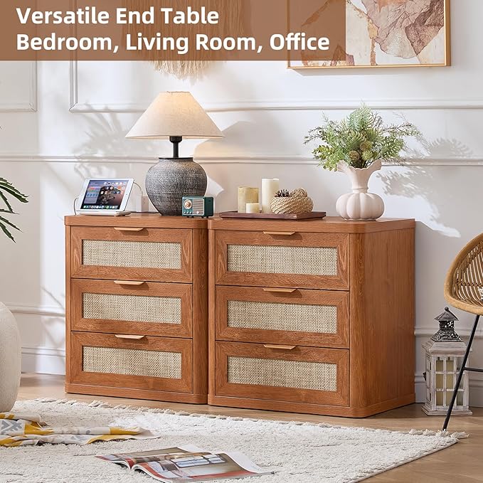LEYAOYAO Rattan Night Stand with Charger Station, 23" Large 3 Drawer Boho Nightstand, Tea Brown Bedside Table Storage Cabinet, Bed Side End Tables for Bedroom, Living Room, Hallway