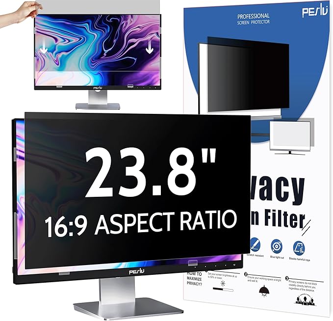 Peslv Privacy Screen for Computer Monitor 23.8 Inch 16:9 Aspect Ratio, Anti Blue Light Glare Removable 23.8 in Privacy Screen Filter Protective Film, HD 23.8 Inch Privacy Screen Protector for Monitor
