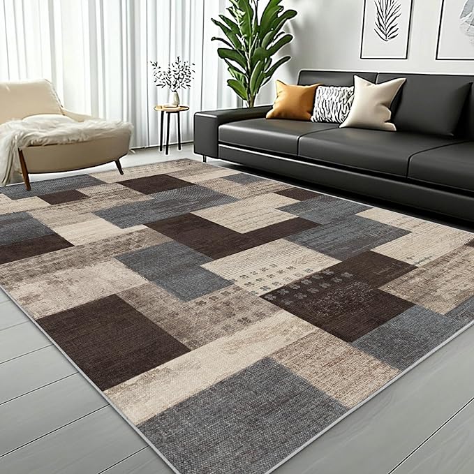 Modern Geometric Patchwork Indoor Area Rug for Living Room, Blue-Taupe 8'x 10' Large Rug Rockwood Collection Hardwood Floors Decor for Bedroom, Blue Throw Carpet for Office Entryway Dining Room