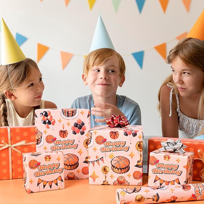 Altarho Reversible Basketball Wrapping Paper Roll for Kids Boys - Sports Basketball Birthday Cake Gift Wrap Sheets for Baby Shower Party Decoration Total 28.5sq.ft