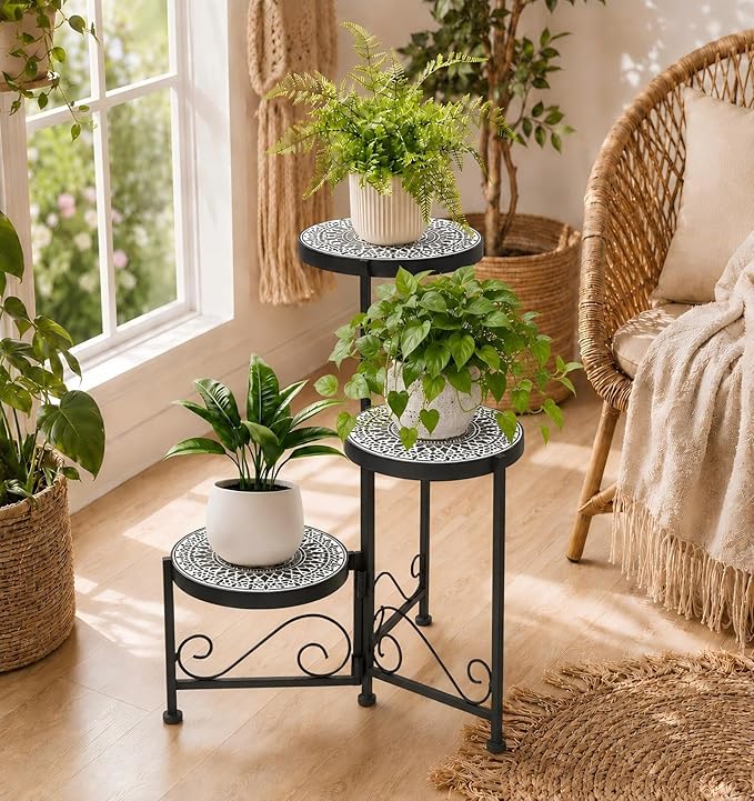 3 Tier Mosaic Plant Stand Foldable Corner Shelf for Indoor Outdoor Tall Plant Holder Display Rack for Patio Balcony Living Room Garden Decor