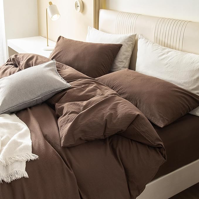 JIYUAN 100% Washed Cotton Duvet Cover Set 3 PCS Super King Plus, 1 Duvet Cover 120x120 Inches(Comforter Not Included) and 2 Pillowcases,Linen Feel Bedding Set Comfy and Breathable,Chocolate Brown