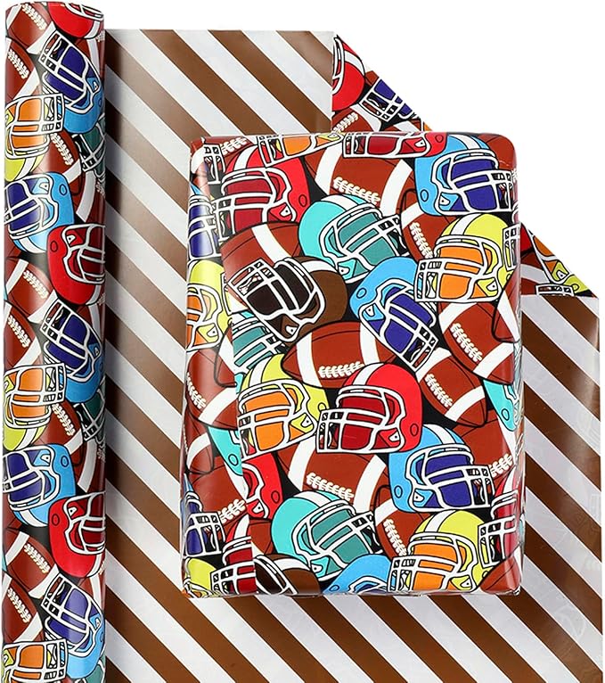 LDGOOAEL Mini Short Birthday Wrapping Paper Roll - Reversible Design (17 inches X 32.8 feet) - Football Patterns for Kids, Boys