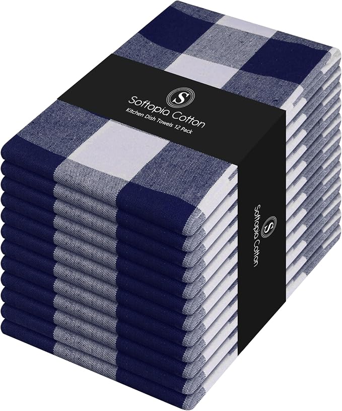 Navy Buffalo Plaid Kitchen Dish Towels, 12 Pack, 100% Cotton, 16x26 Inches, Super Absorbent, Quick Dry, Soft, Durable, Dish Drying & Cleaning Towels with Hanging Loop, Navy Blue White