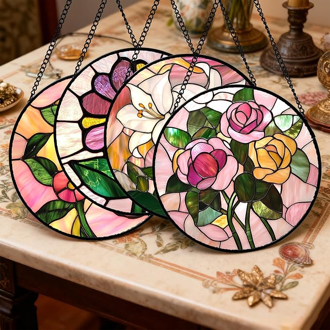 Stained Glass Window Hanging 4 Pcs Set Pink Floral Theme Large 11.8" - Flowers Suncatcher Door Garden Sun Catcher Decor Birthday Christmas for Mom Woman Nana Men Friend