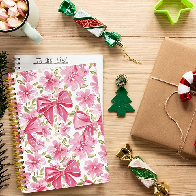 JKMBN Coquette Pink Bow Floral Spiral Notebook For Women, Maximalist Journaling Notebooks, Cute Pink Notebook Journal, Pink Office Supplies, Hardcover Spiral Lined Notebook 5.5 x 8.3