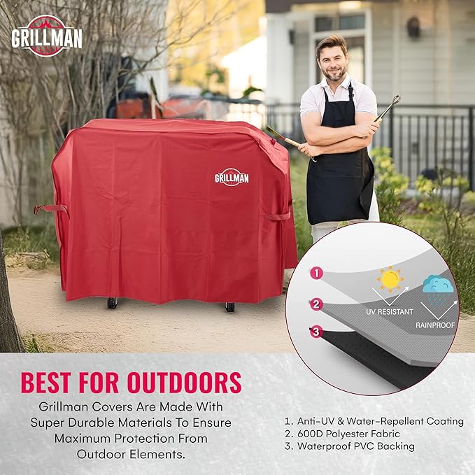 Grill Cover by Grillman, Red, 64 Inch, BBQ Outdoor Grill Covers, Charcoal & Gas Grills, Waterproof, Rip-Proof, Weather-Resistant, Anti-UV, Barbecue Cover for Weber, Genesis, Charbroil, Nexgrill, etc