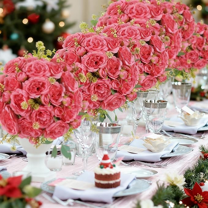 12 Packs Artificial Peonies Silk Flowers: Faux Peony Bouquet 12 Bundles, Fake Peonies Flowers Bulk for Centerpiece Table Wedding Party Home Decor for Christmas Decoration (Rose Red)