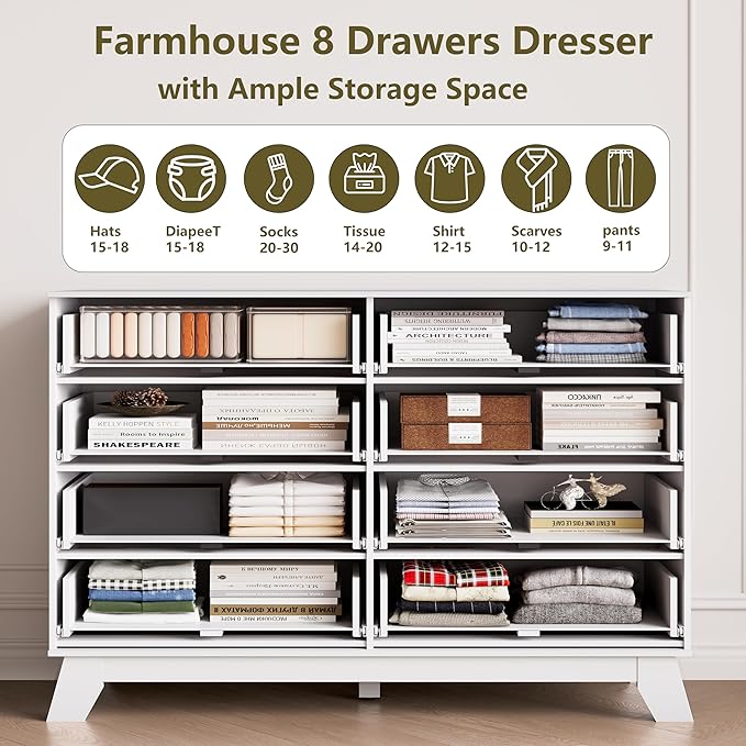 Fluted Dresser for Bedroom, 8 Drawer Dressers & Chest of Drawers, Mid Century Modern Dresser for Closet Boho Bedroom Furniture, Nature Wood Chest of Drawers Storage Organizer for Living Room, White