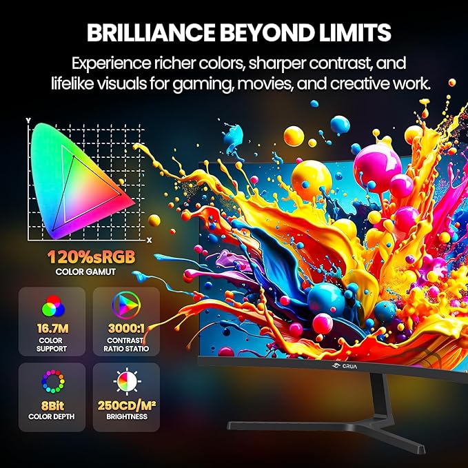 CRUA 24” 240Hz Gaming Monitor, Curved FHD 1920 x 1080P, Support 120% sRGB, AMD FreeSync, Low Motion Blur, Wall Mount Installs Compatible, for Office and Games(HDMI 2.0 & DP 1.4) – Black