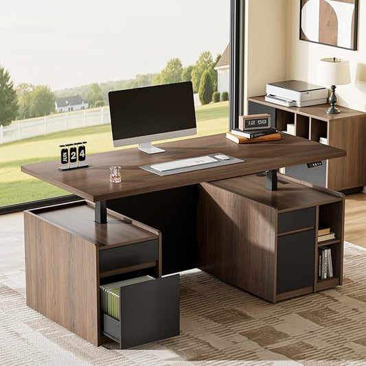 Executive Standing Desk with Drawers & Storage, 71'' Adjustable Electric Stand Up Wood Desk with Privacy Panel, AC/USB, File Cabinet, Large One-Piece Destop for Home Office, Black Walnut