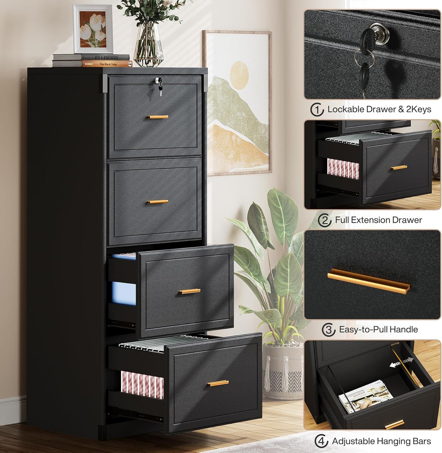Tribesigns 4-Drawer File Cabinet - Lockable Wooden Filing Cabinet for Home Office | Black, Vertical Storage for Legal/Letter/A4 Files