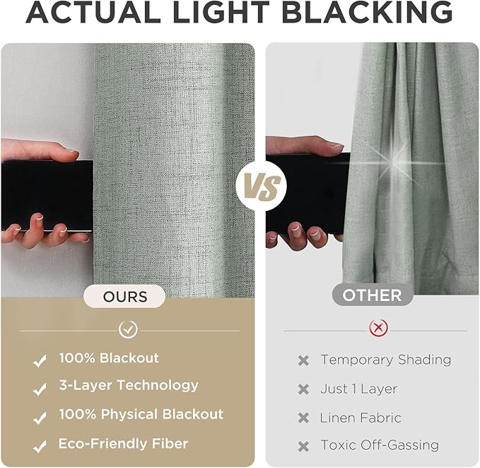 Joydeco Blackout Curtains 72 Inches Long 2 Panels Burg, Room Darkening Curtains for Bedroom, 100% Black Out Textured Thermal Drapes Privacy Protection 2 Panels Set(W52 x L72 Inch, Sage Green)