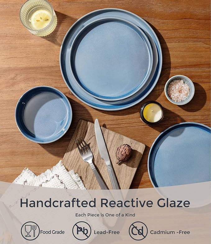 GBHOME 12-Piece Stoneware Dinnerware Set for 4 – Ribbed Ceramic Plates and Bowls, Scratch-Resistant, Microwave & Dishwasher Safe, Reactive Glaze, Alaskan Blue