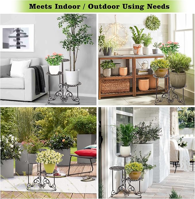 OwnMy 3 Tier Heavy Duty Cast Iron Plant Stand Foldable Wrought Iron Flower Pot Holder, Indoor Outdoor Tall Plant Stand Shelf for Garden Patio, Decorative Round Metal Plant Display Rack, Retro Brown