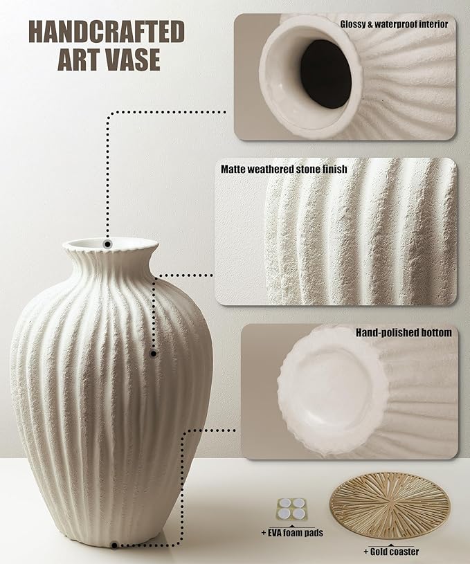 Handmade Ceramic Decorative Vase – Warm White Rustic Textured 10.4” Round Vase with Irregular Waves and Weathered Stone Finish for Home, Office, Farmhouse Decor