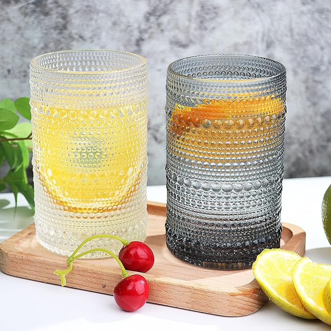 Hobnail-Drinking Glasses 13oz Vintage Glassware Sets Cocktail Juice Glasses Set of 6, Grey