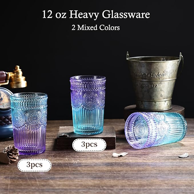 Loivttvv 6pcs Vintage Drinking Glasses Set, 12 oz Glass Cups, Embossed Ribbed Glassware Drinking Glasses for Cocktail, Water, Juice, Coffee, Whiskey