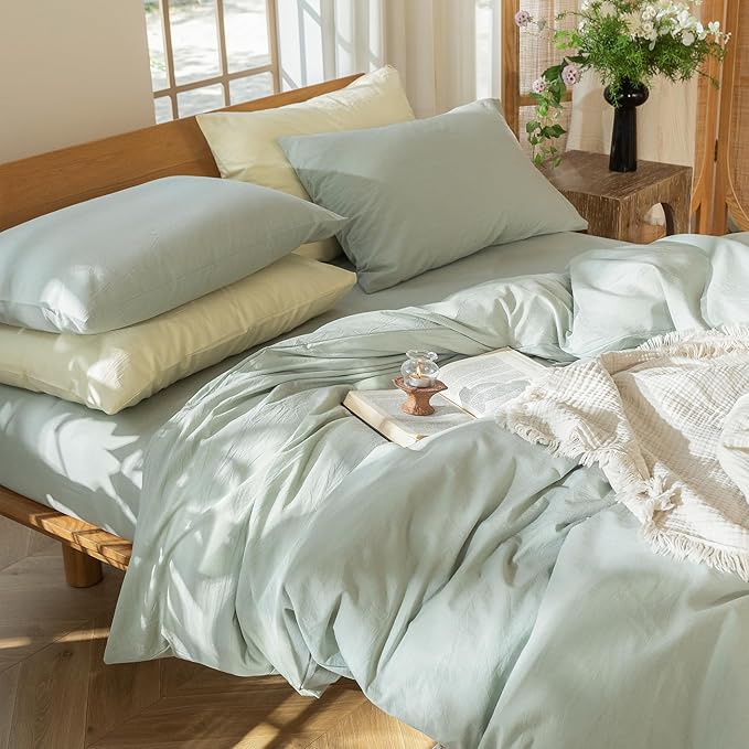 MooMee Bedding Duvet Cover Set 100% Washed Cotton Linen Like Textured Breathable Durable Soft Comfy (Heathered Sage Green, Alaska King 132"x120")