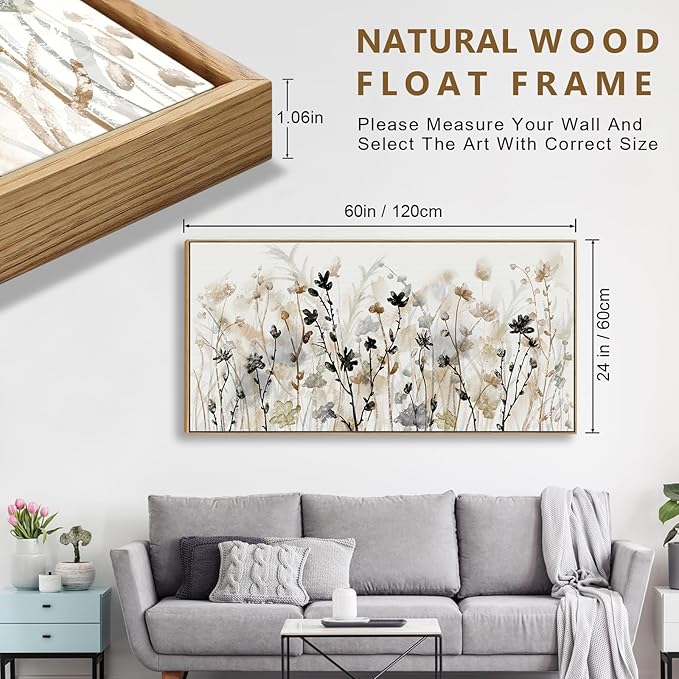 Framed Flower Canvas Wall Art Blossom Canvas Pictures Abstract Grey Cream Brown Landscape Artwork Canvas Prints for Home Living Room Bedroom Kitchen Office Wall Decor Ready to Hang 24"x 48"