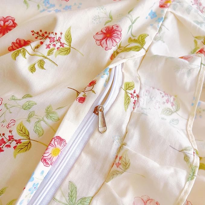 EAVD French Garden Style Pink Flower Duvet Cover with Ruffles Queen Soft Cotton Chic Shabby Pink Floral Bedding Set with 2 Pillowcases Romantic Botanical Print Duvet Cover with Zipper Closure
