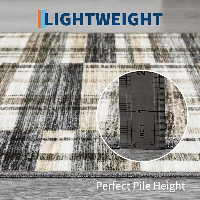 Washable Rugs 9 x 12 Rug for Living Room Farmhouse Rug for Bedroom Large Area Rug Plaid Non Slip Carpet Throw Rugs for Dining Room Stain Resistant Office Classroom, Blue/Beige