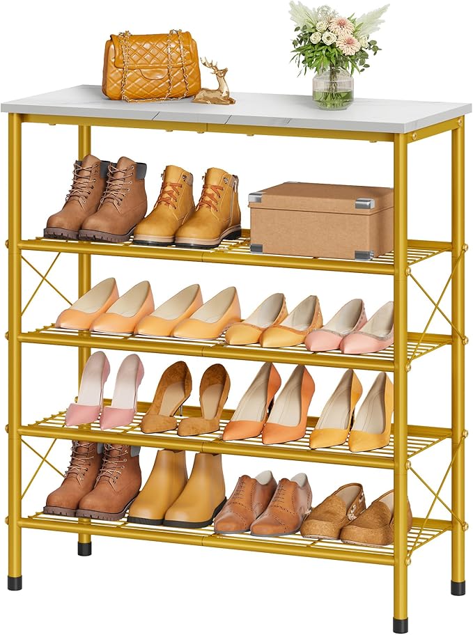 Tajsoon 5 Tier Shoe Rack Organizer for 16-20 Pairs of Shoes, Metal Mesh Shoe Shelf for Closet, Industrial Shoe Rack for Entryway Shoe Storage with X Shape Fixed Frame, White & Gold