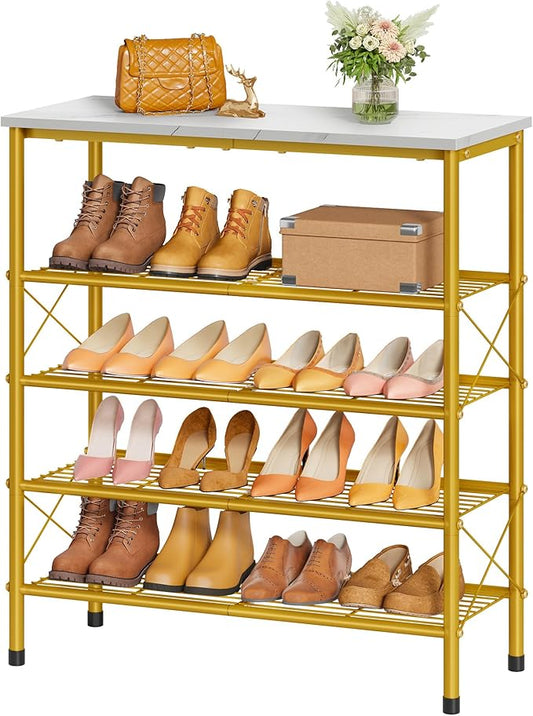 Tajsoon 5 Tier Shoe Rack Organizer for 16-20 Pairs of Shoes, Metal Mesh Shoe Shelf for Closet, Industrial Shoe Rack for Entryway Shoe Storage with X Shape Fixed Frame, White & Gold