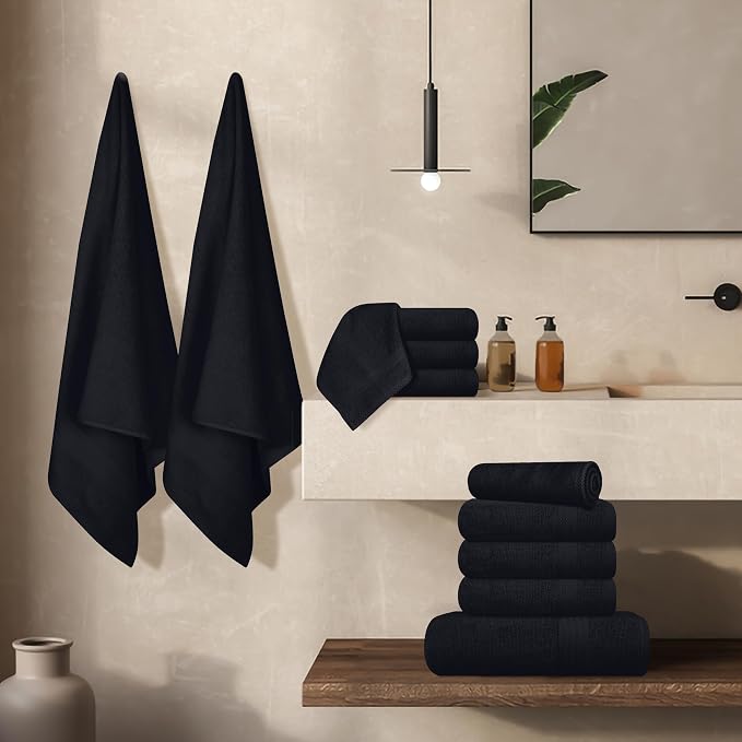 GLAMBURG Ultra Soft 24-Piece Towel Set - 100% Pure Ringspun Cotton, Contains 8 Oversized Bath Towels 27x54, 8 Hand Towels 16x28, 8 Wash Cloths 13x13 - Ideal for Everyday use, Hotel & Spa - Black