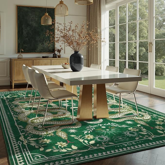DCX Washable 9x12 Snake Rug, Green Gothic Rug for Living Room, Soft Low Pile Carpet, Kid & Pet Friendly with Rubber Back Non Slip, Stain Resistant Rug for Bedroom Dining Room Office