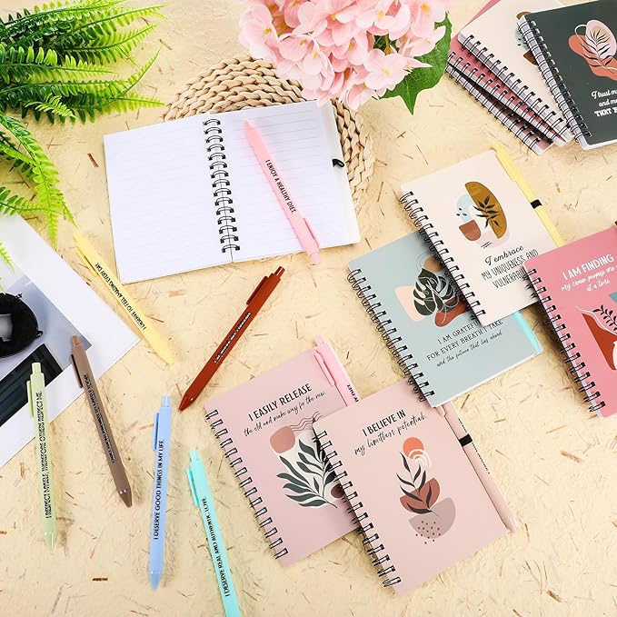 Kosiz 24 Pcs/12 Set Positive Affirmation Gifts Gratitude Spiral Notebooks with Pens Motivational Encouragement Notepads Daily Affirmations Journal for Women Valentine Galentine Gifts (Plant)